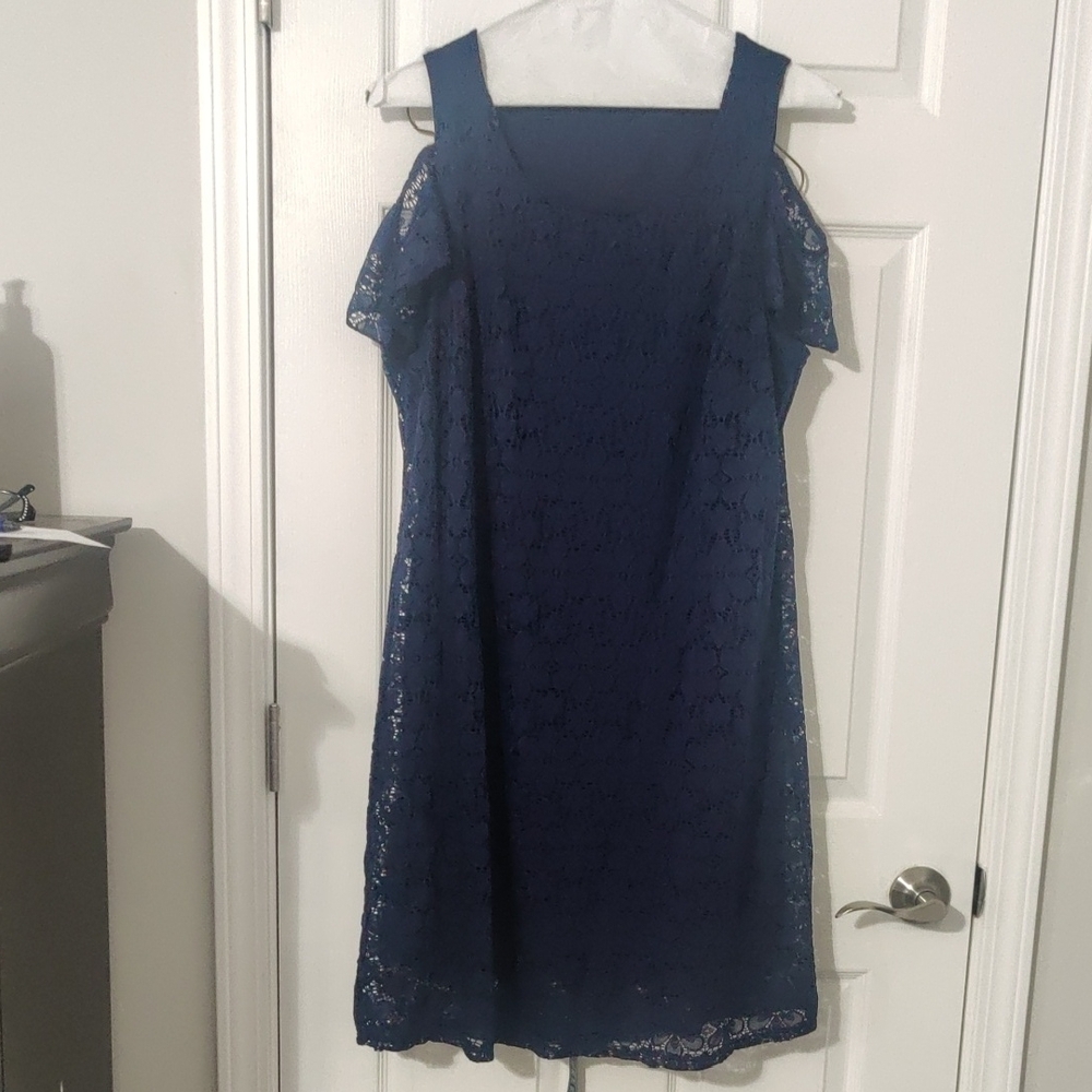 Kim Rogers Dark Blue Lace Cold Shoulder Mini Dress